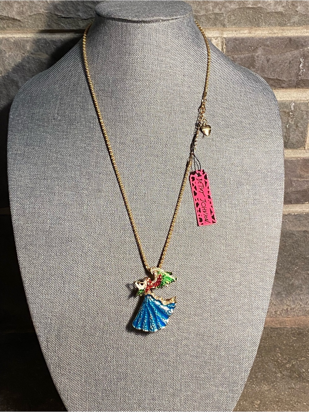 NWT Betsey Johnson long necklace/brooch,gold rope chain,enamel angel/crystals